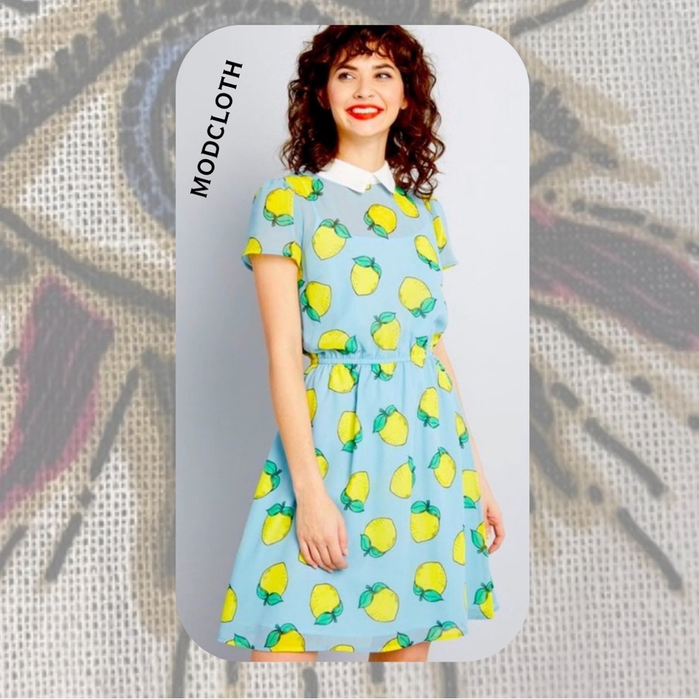 Modcloth blue & yellow lemon print swing dress with peter pan collar